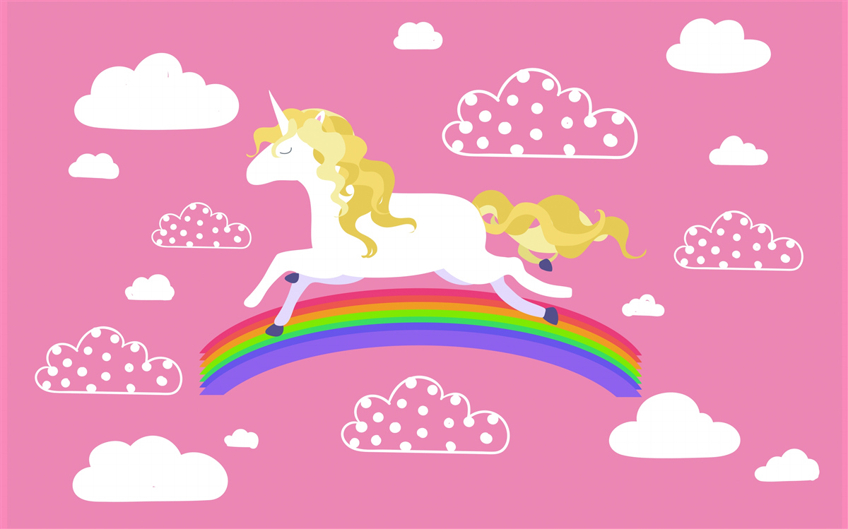 Fototapeten Ein Einhorn, der auf einem Regenbogenbogen rastet