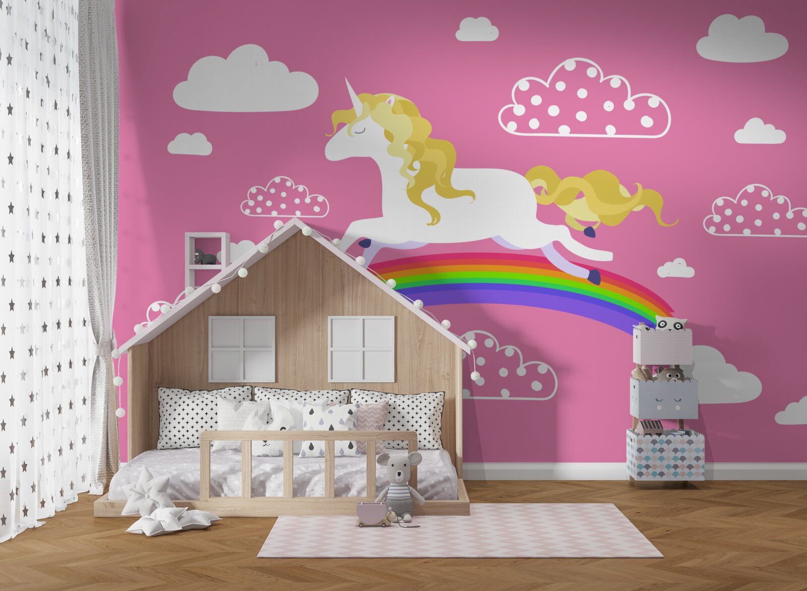 Fototapeten Ein Einhorn, der auf einem Regenbogenbogen rastet