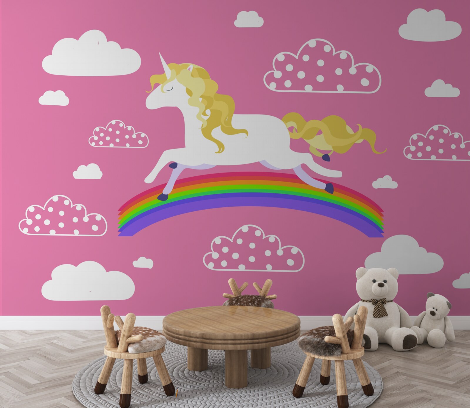Fototapeten Ein Einhorn, der auf einem Regenbogenbogen rastet