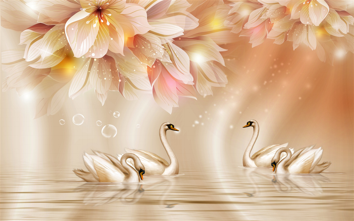 Fototapeten Blumen und eine Gruppe dankbarer Schwäne auf der Oberfläche des Wassers