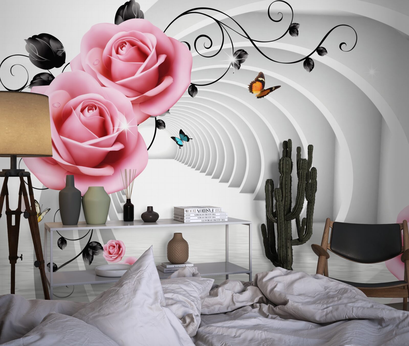 Fototapeten Konstante leuchtende Durchgang und rosa Rosenblüten