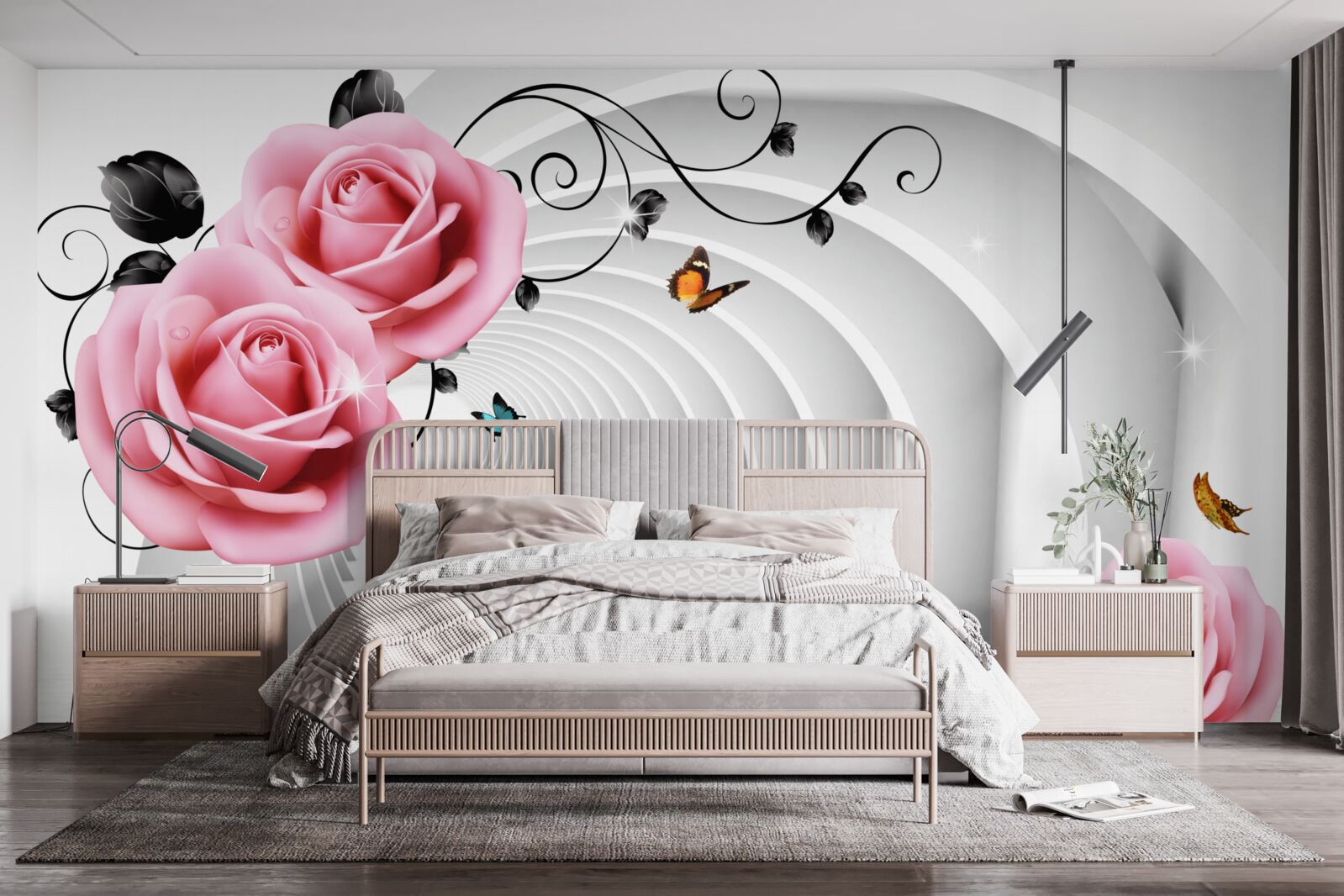 Fototapeten Konstante leuchtende Durchgang und rosa Rosenblüten