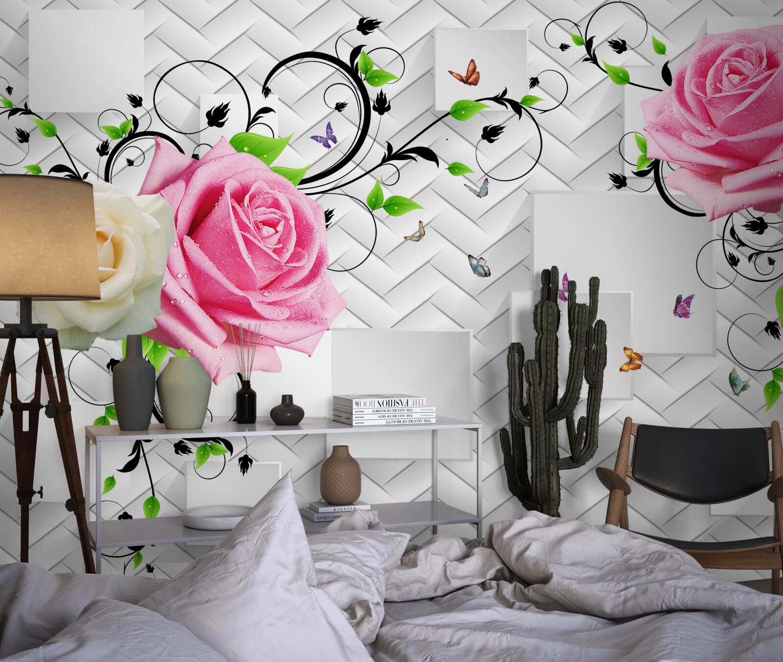 Fototapeten Weiße und rosa Rosen auf einem abstrakten Hintergrund
