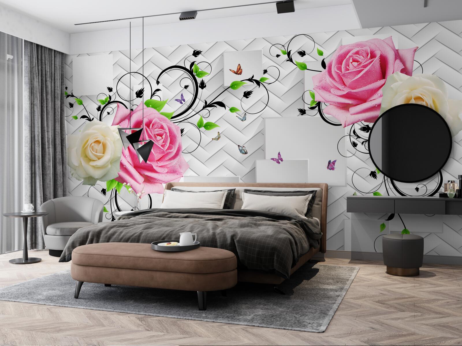 Fototapeten Weiße und rosa Rosen auf einem abstrakten Hintergrund