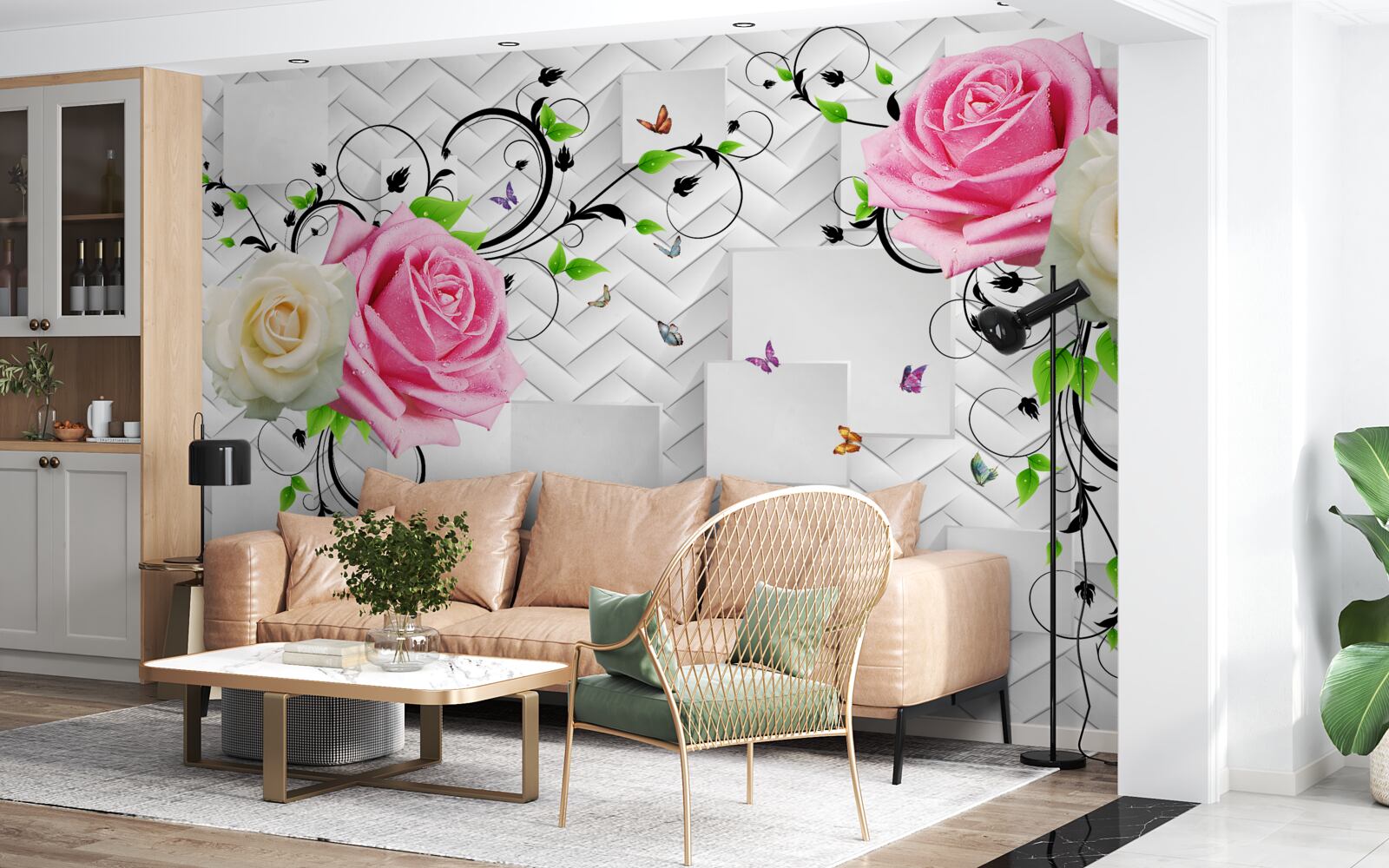 Fototapeten Weiße und rosa Rosen auf einem abstrakten Hintergrund