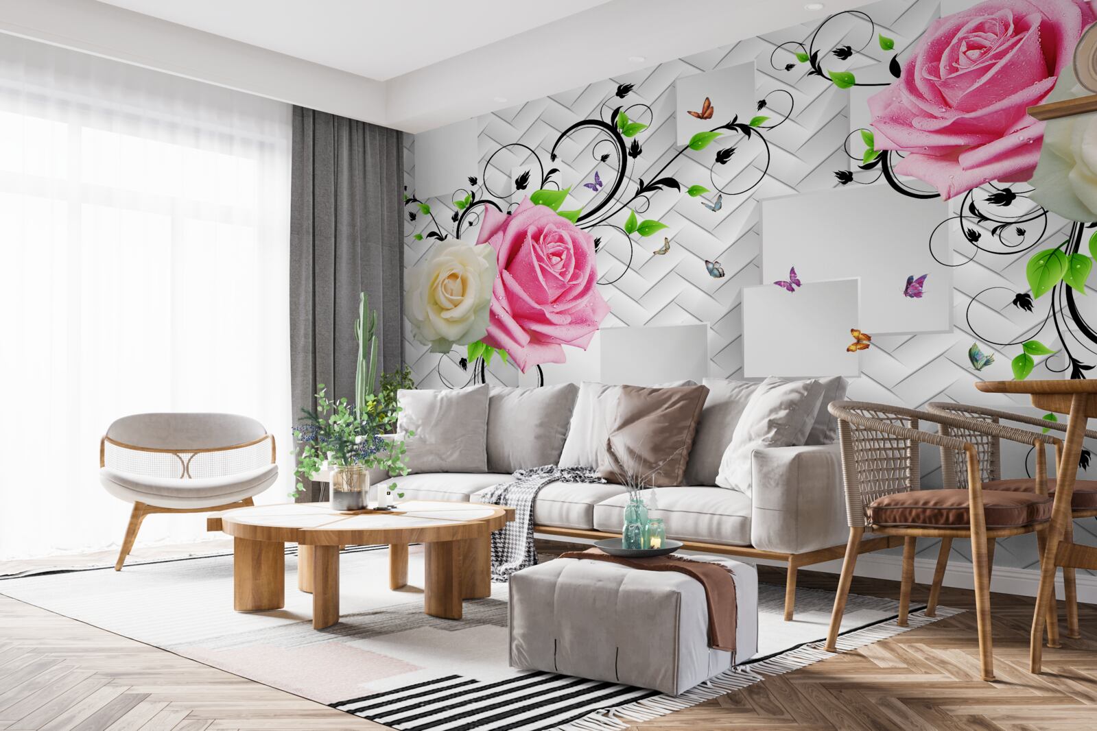 Fototapeten Weiße und rosa Rosen auf einem abstrakten Hintergrund