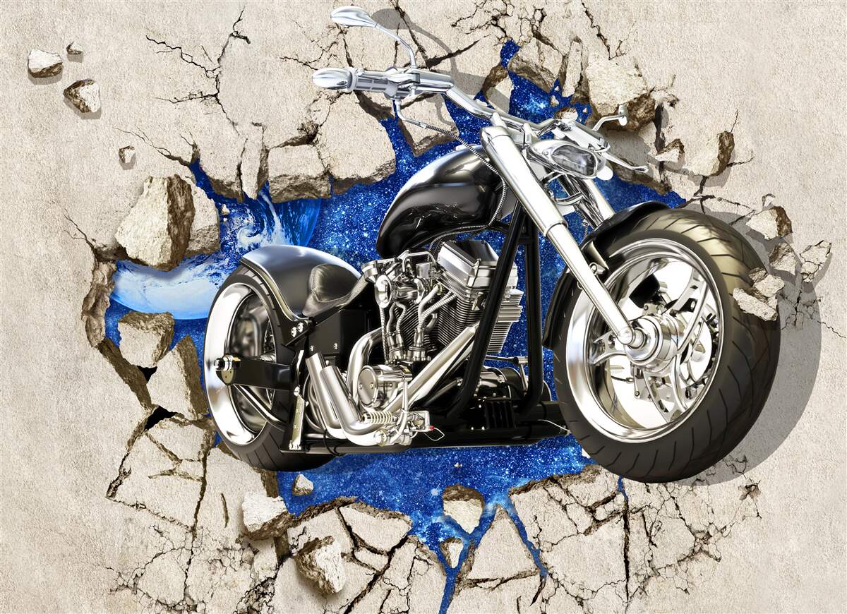 Fototapeten Schwarzes Motorrad an der Wand gezeigt