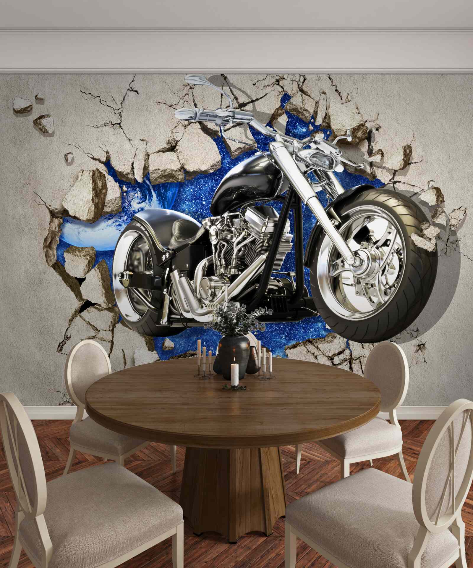 Fototapeten Schwarzes Motorrad an der Wand gezeigt