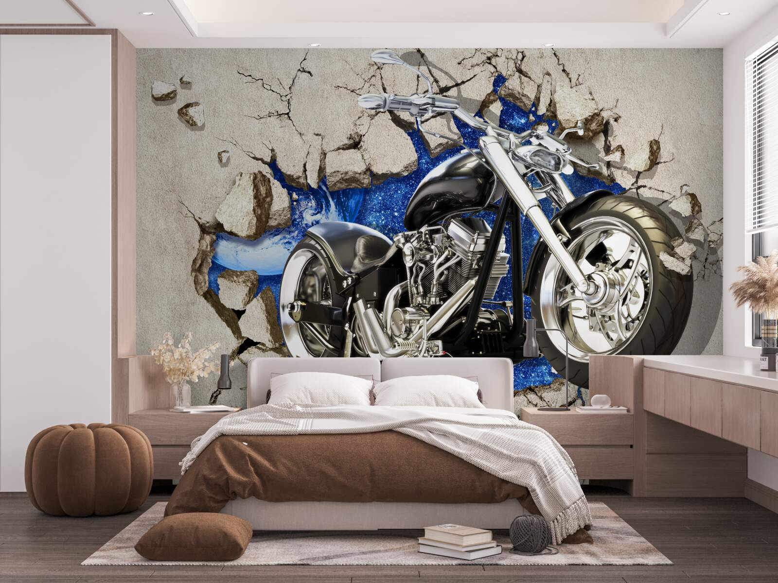 Fototapeten Schwarzes Motorrad an der Wand gezeigt