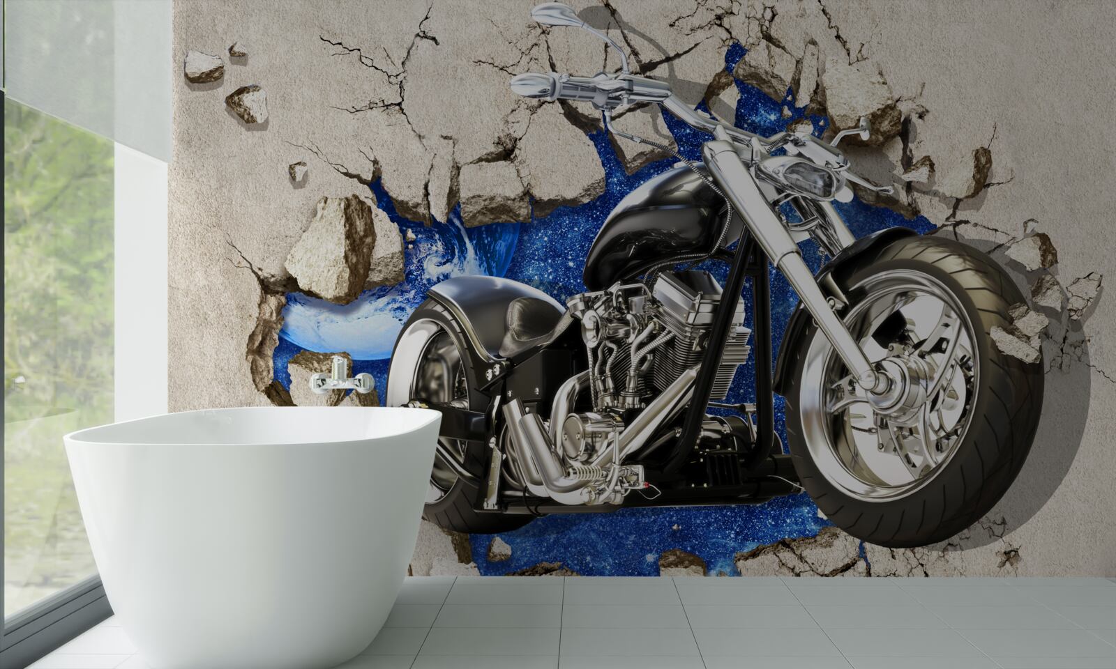 Fototapeten Schwarzes Motorrad an der Wand gezeigt