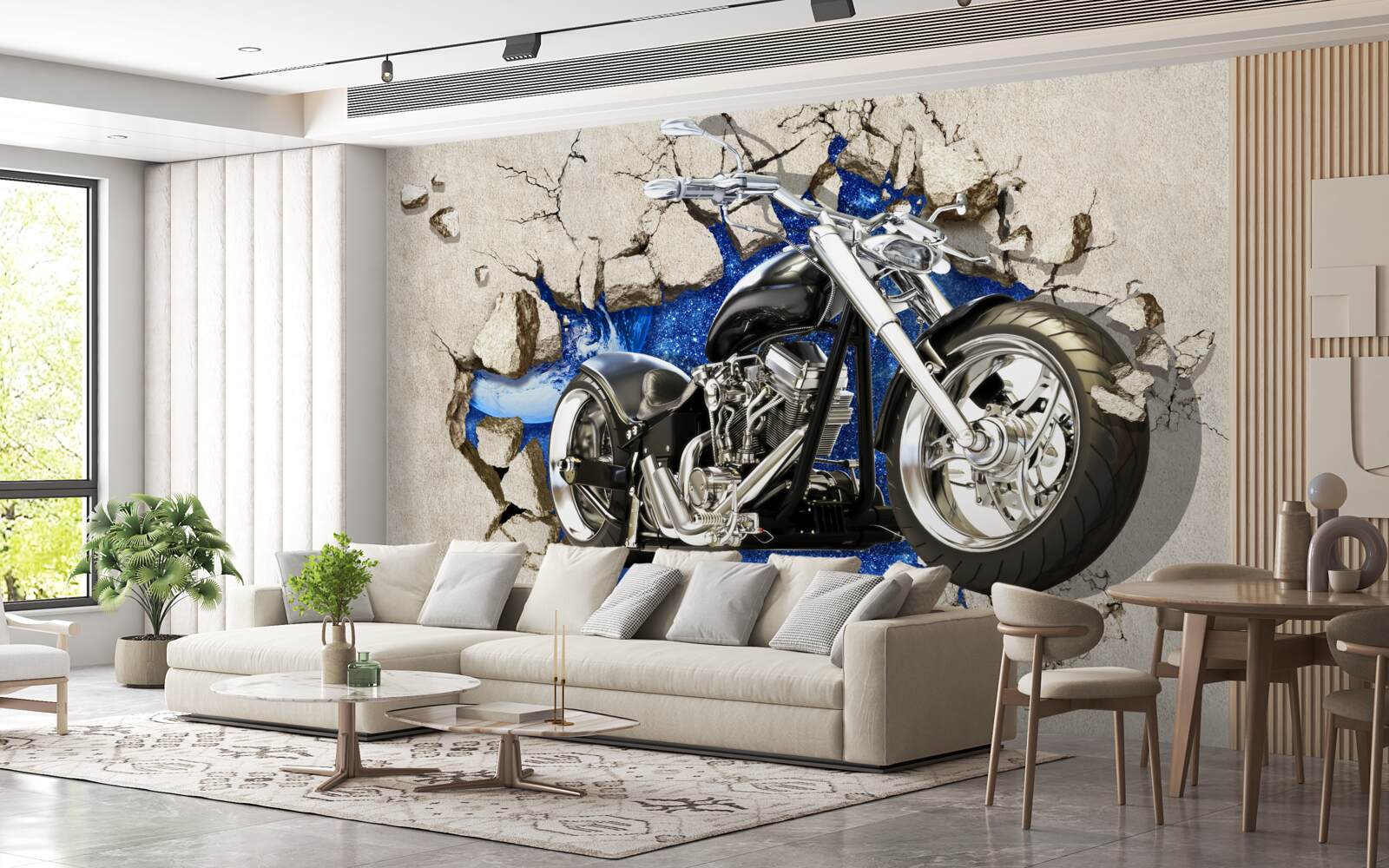 Fototapeten Schwarzes Motorrad an der Wand gezeigt