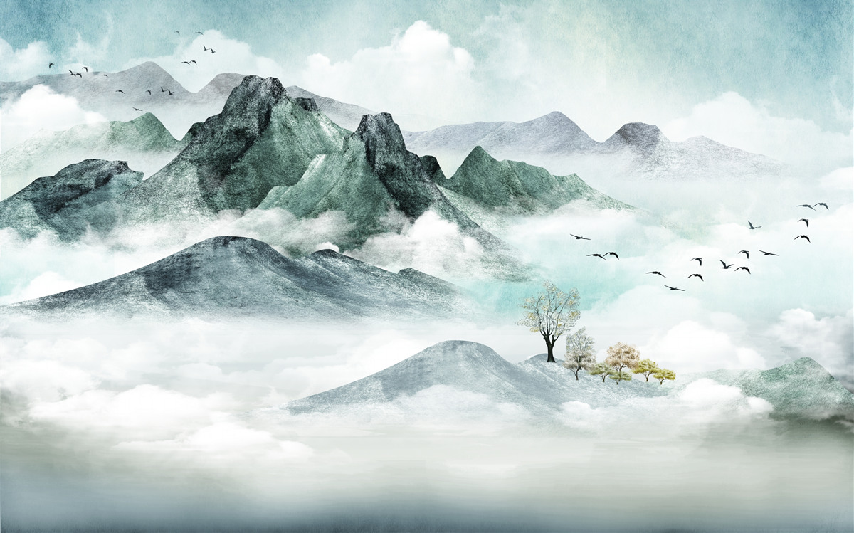 Fototapeten Landschaft der felsigen Berge, die von Nebel umgeben sind