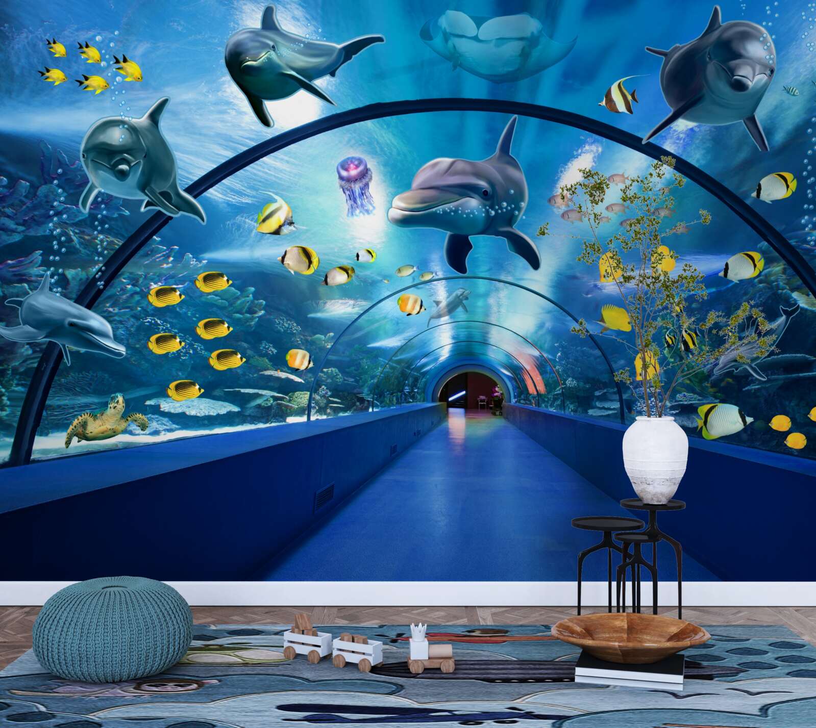 Fototapeten Es gibt Delfine und Fische im Aquarium