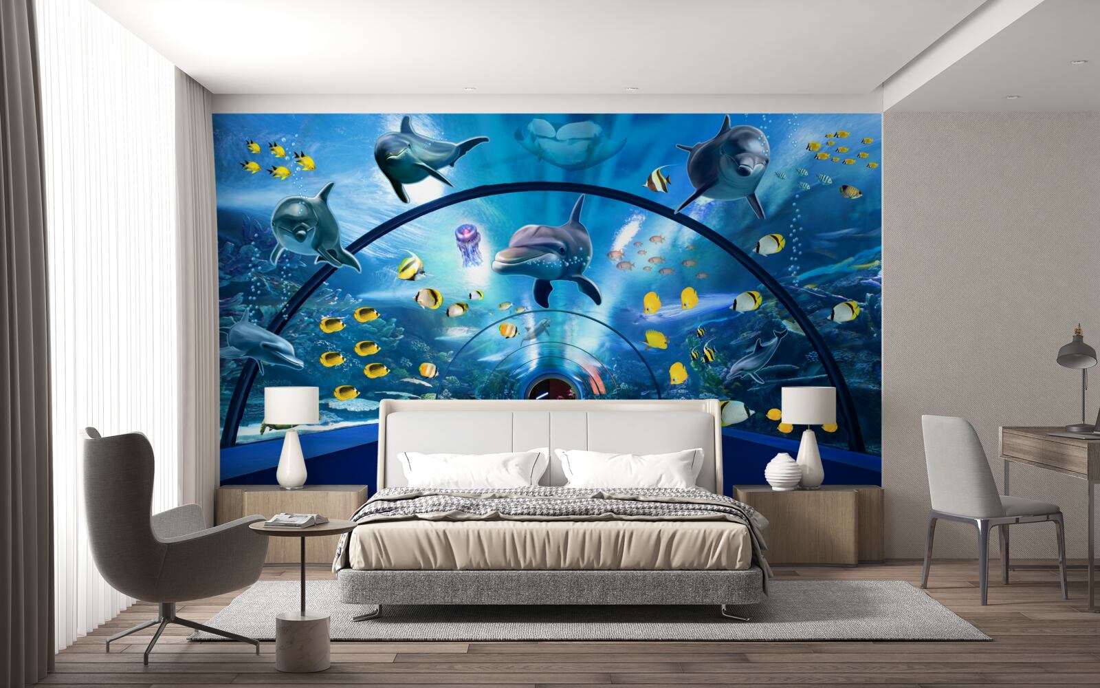 Fototapeten Es gibt Delfine und Fische im Aquarium