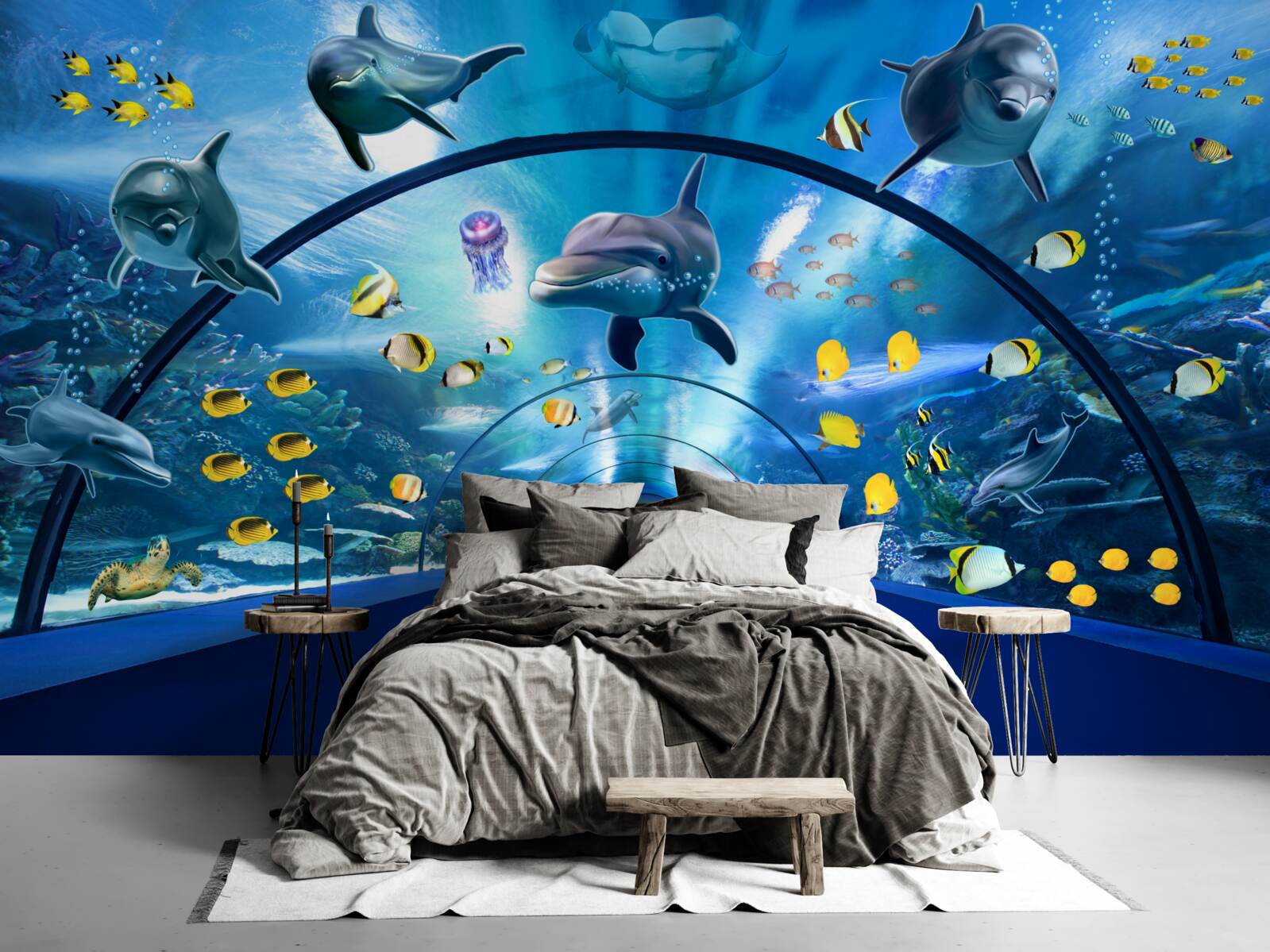 Fototapeten Es gibt Delfine und Fische im Aquarium