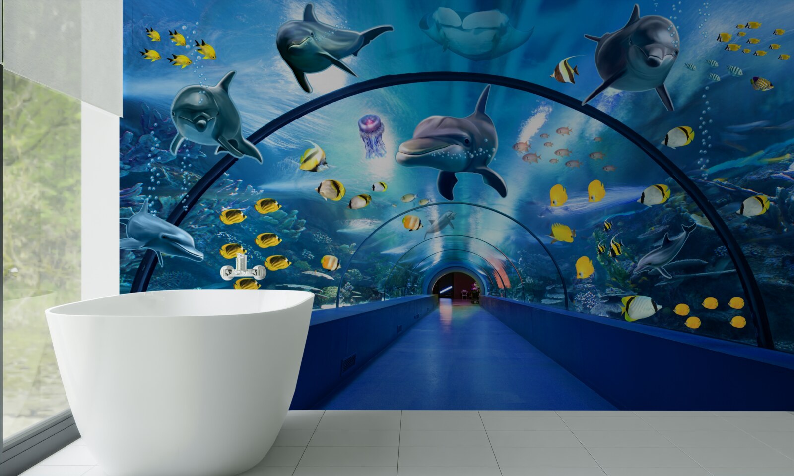 Fototapeten Es gibt Delfine und Fische im Aquarium