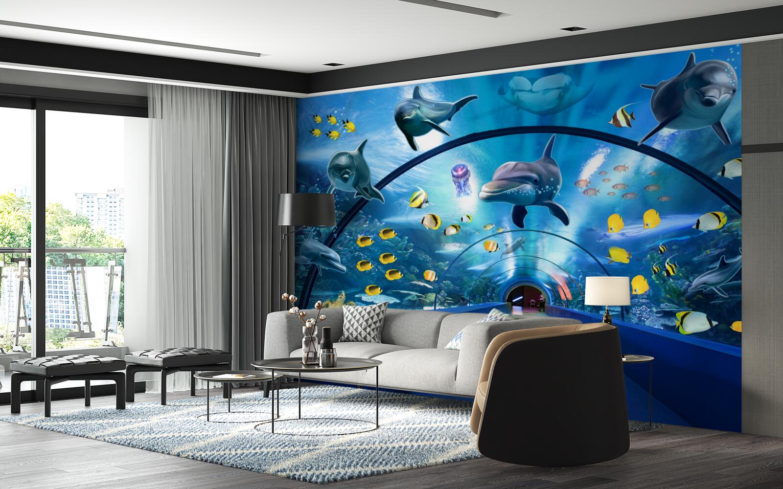 Fototapeten Es gibt Delfine und Fische im Aquarium
