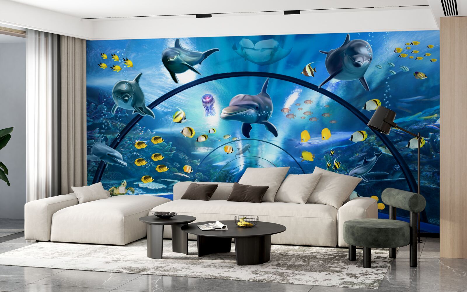 Fototapeten Es gibt Delfine und Fische im Aquarium