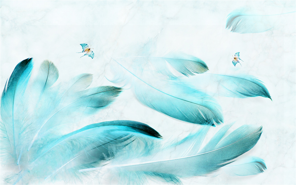 Fototapeten Blaue Federn fliegen mit dem Wind weg