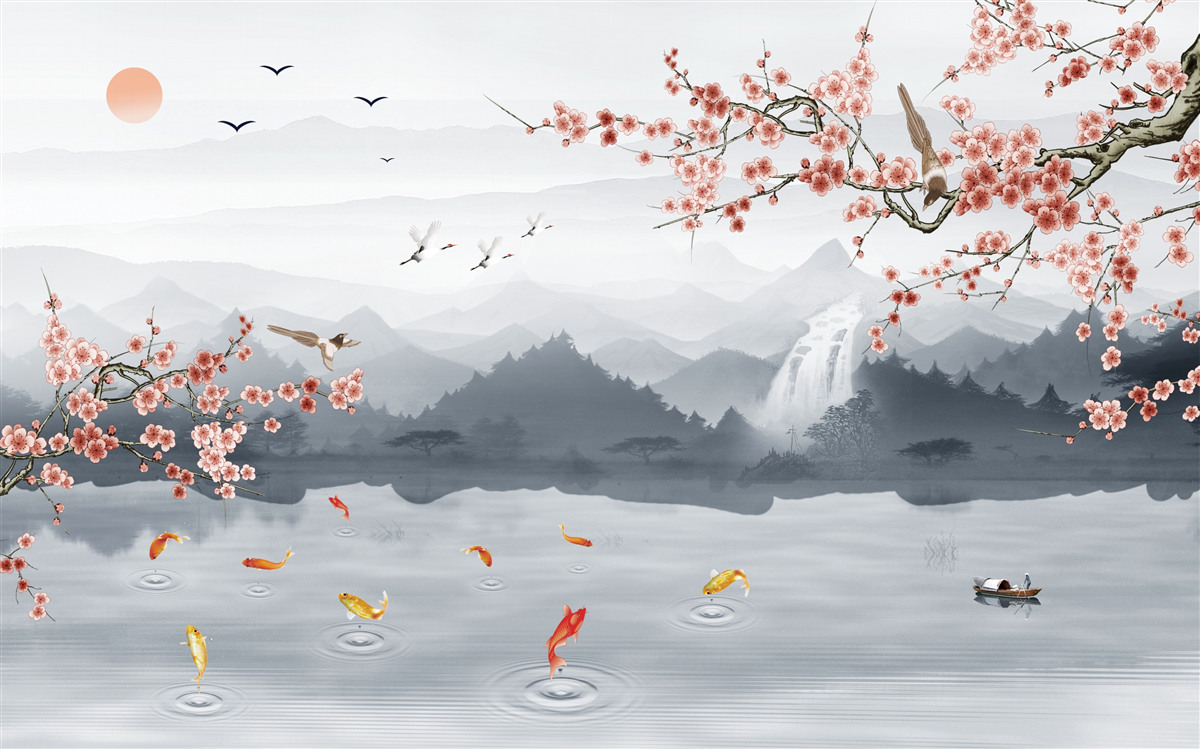 Fototapeten Sakura blüht am Fuß der Berge und in der Nähe des Wassers