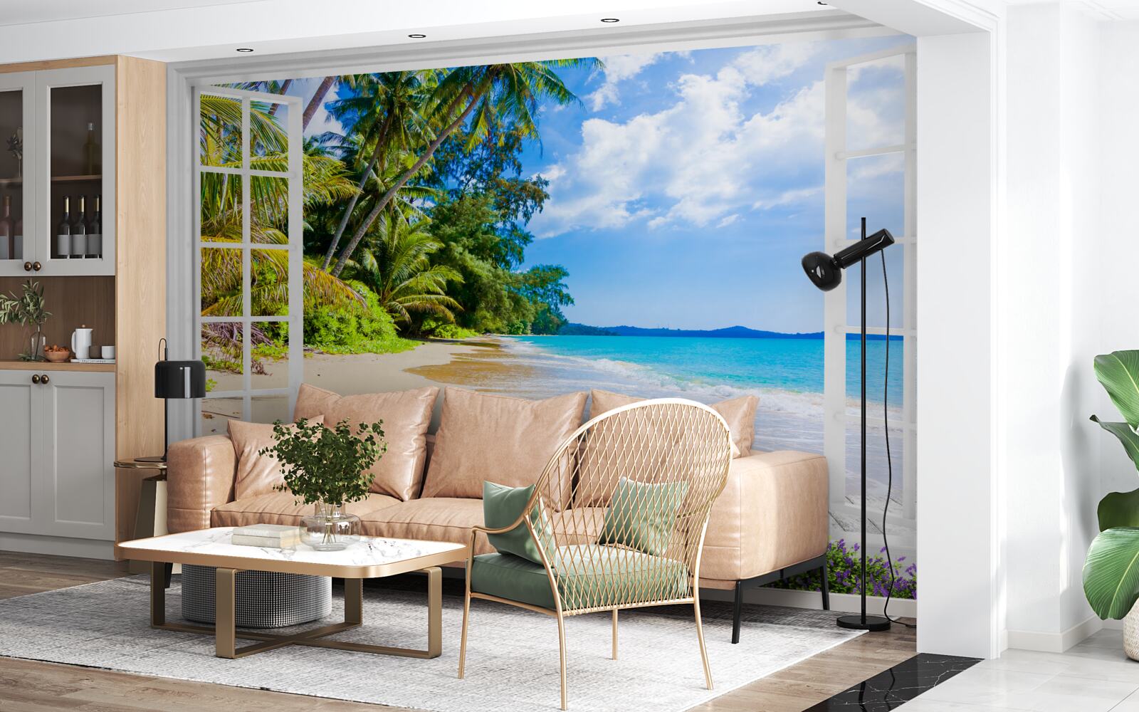 Fototapeten Ein Strandpanorama bietet das Fenster an