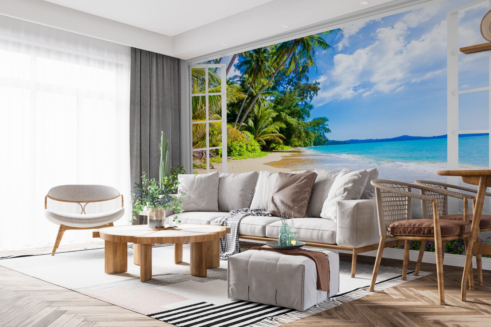 Fototapeten Ein Strandpanorama bietet das Fenster an
