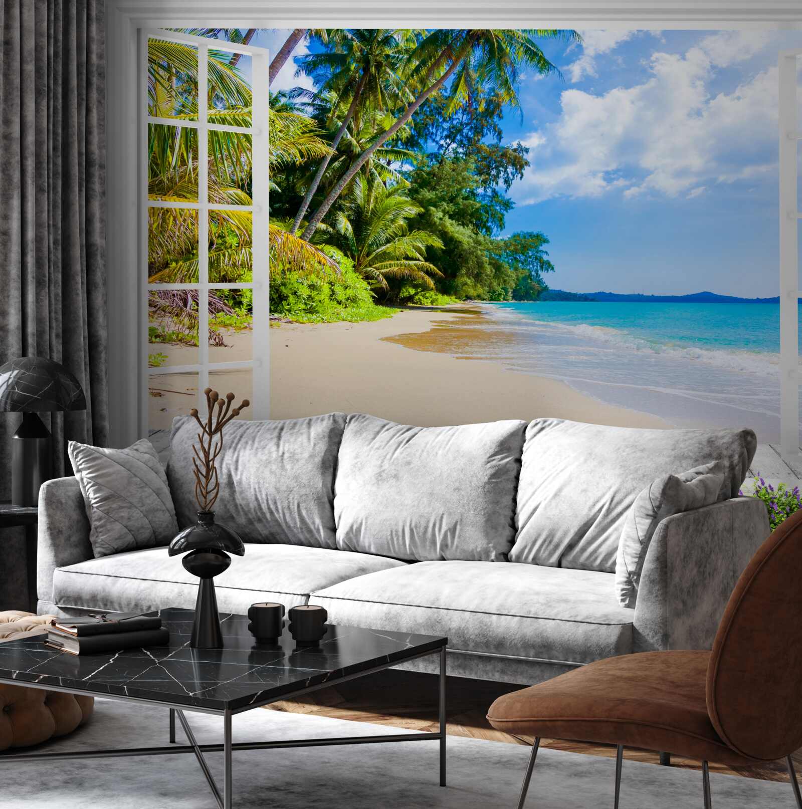 Fototapeten Ein Strandpanorama bietet das Fenster an