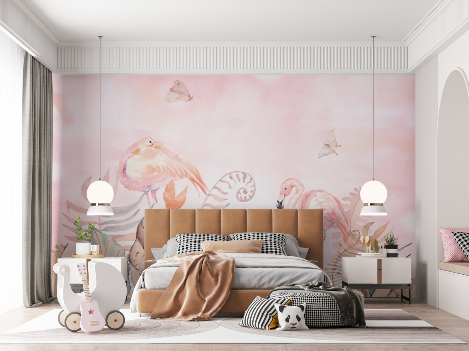 Fototapeten Grünflächen sind mit rosa Flamingos dekoriert