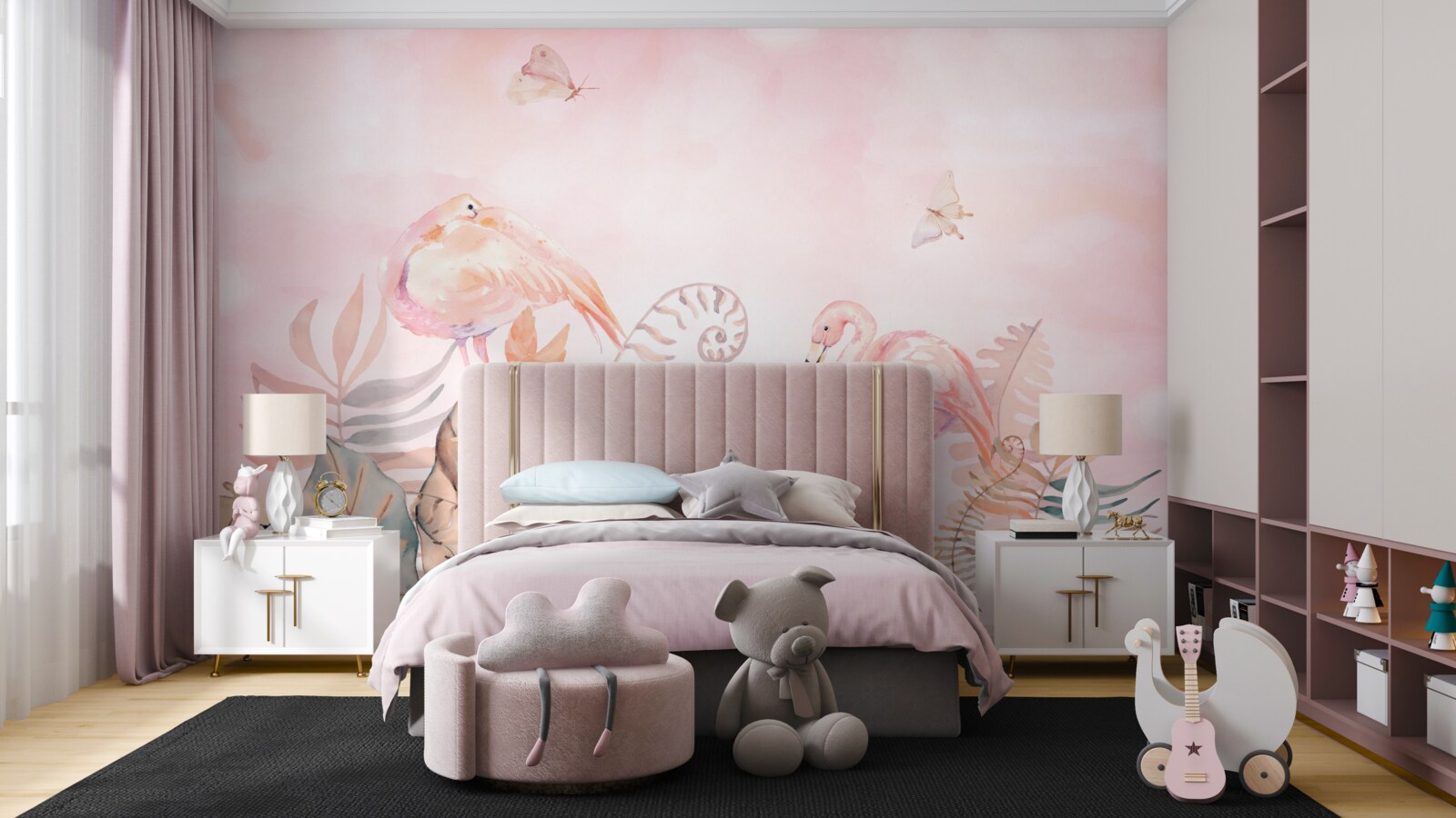 Fototapeten Grünflächen sind mit rosa Flamingos dekoriert