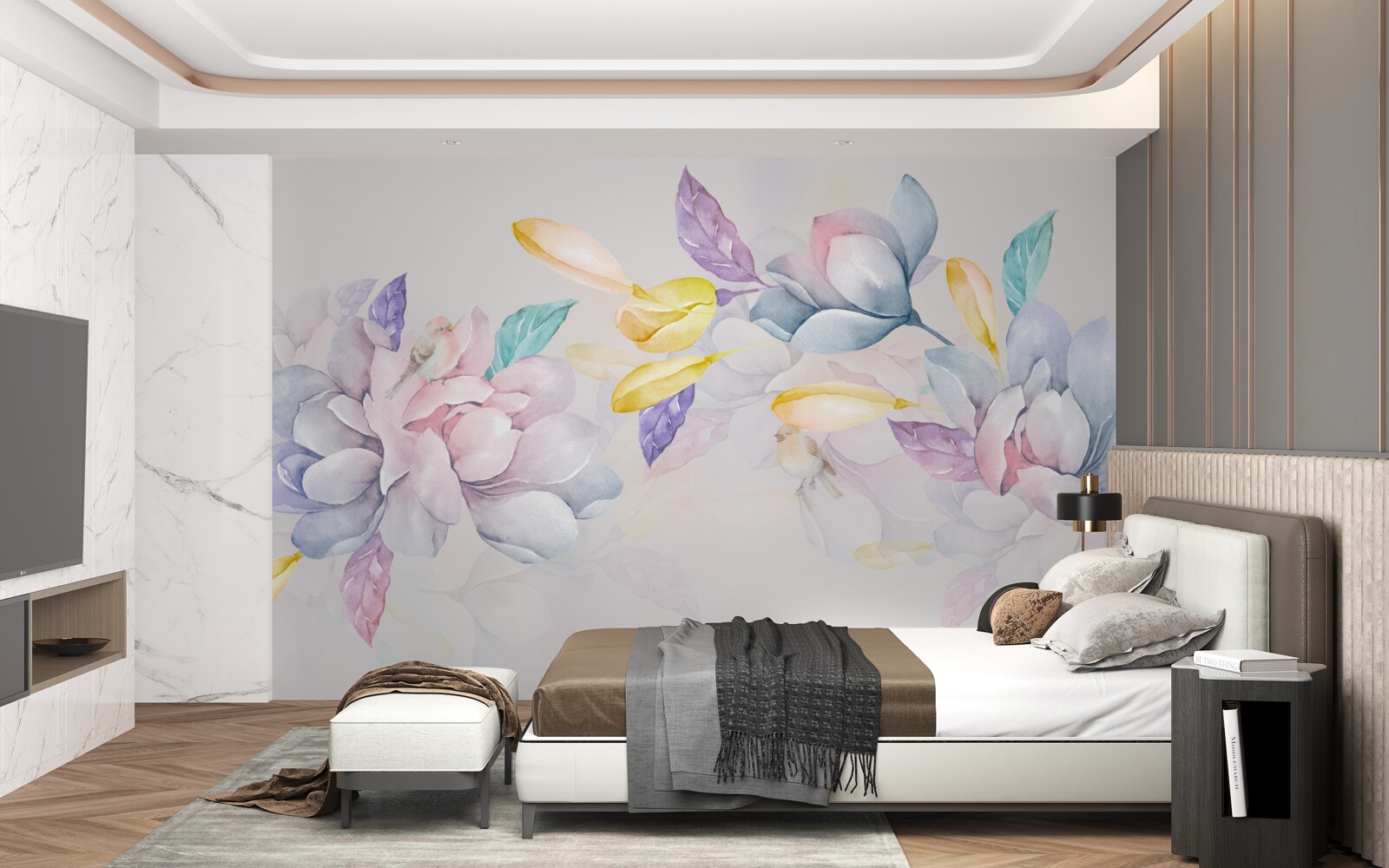 Fototapeten Ast mit leuchtend roten Blumen