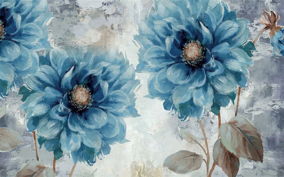Fototapeten Vögel und blaue Blumen im schweren Sommerregen