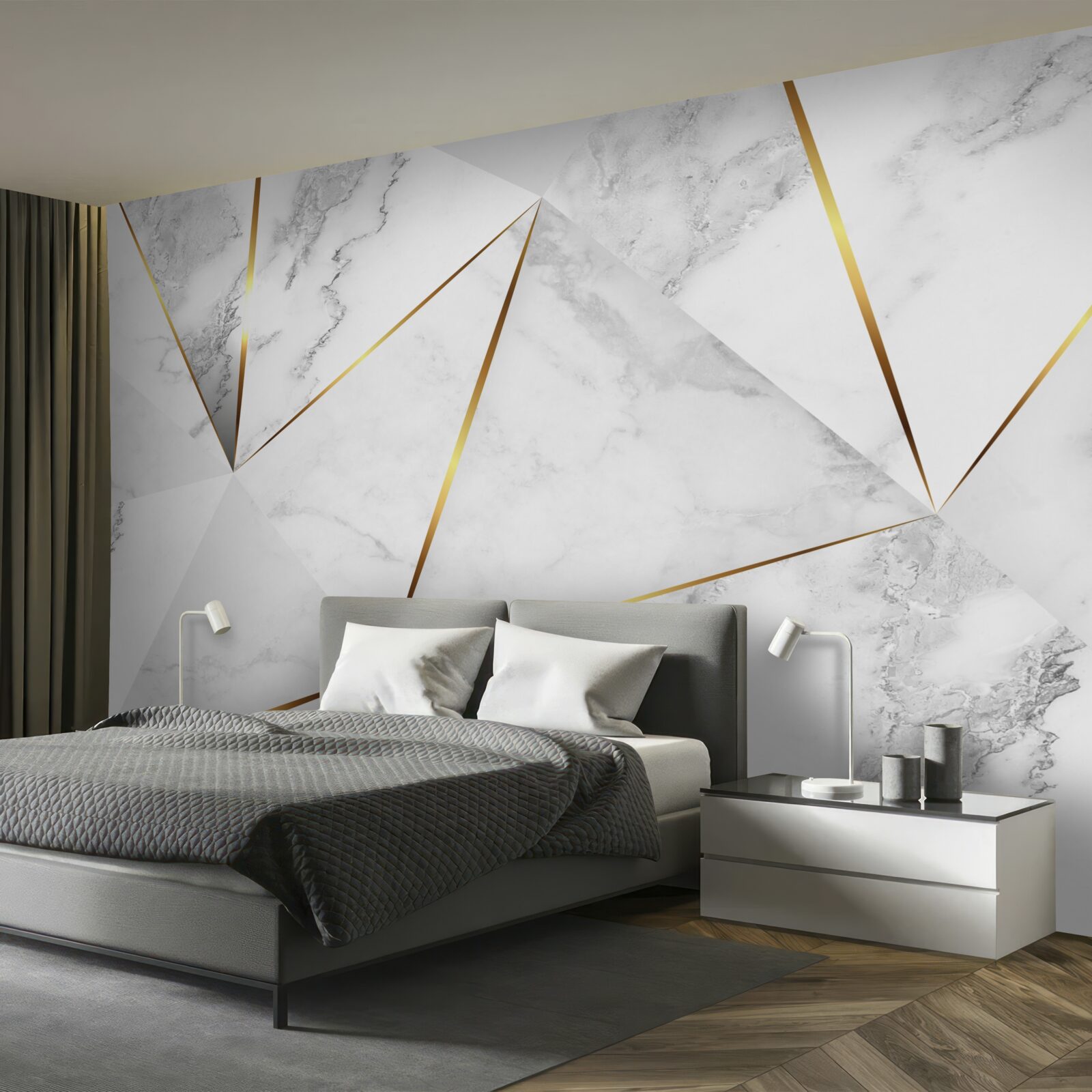 Fototapeten Dreiecke mit einem goldenen Rand auf leichtem Hintergrund