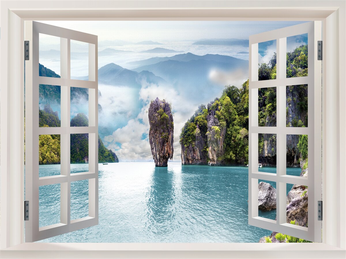 Fototapeten Fenster mit Blick auf die Landschaft von Felsen und ruhigen Meeresräumen
