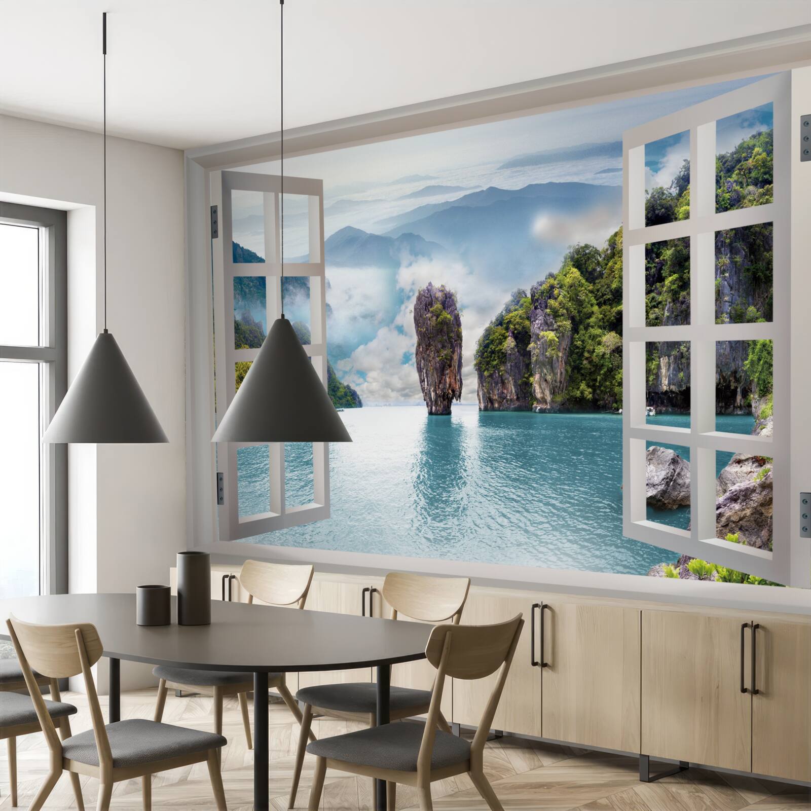 Fototapeten Fenster mit Blick auf die Landschaft von Felsen und ruhigen Meeresräumen