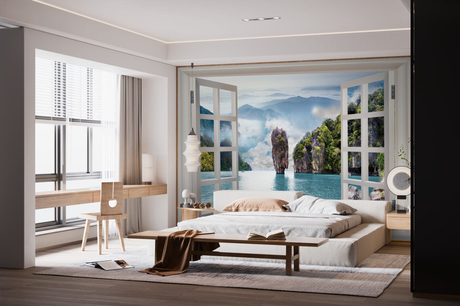 Fototapeten Fenster mit Blick auf die Landschaft von Felsen und ruhigen Meeresräumen
