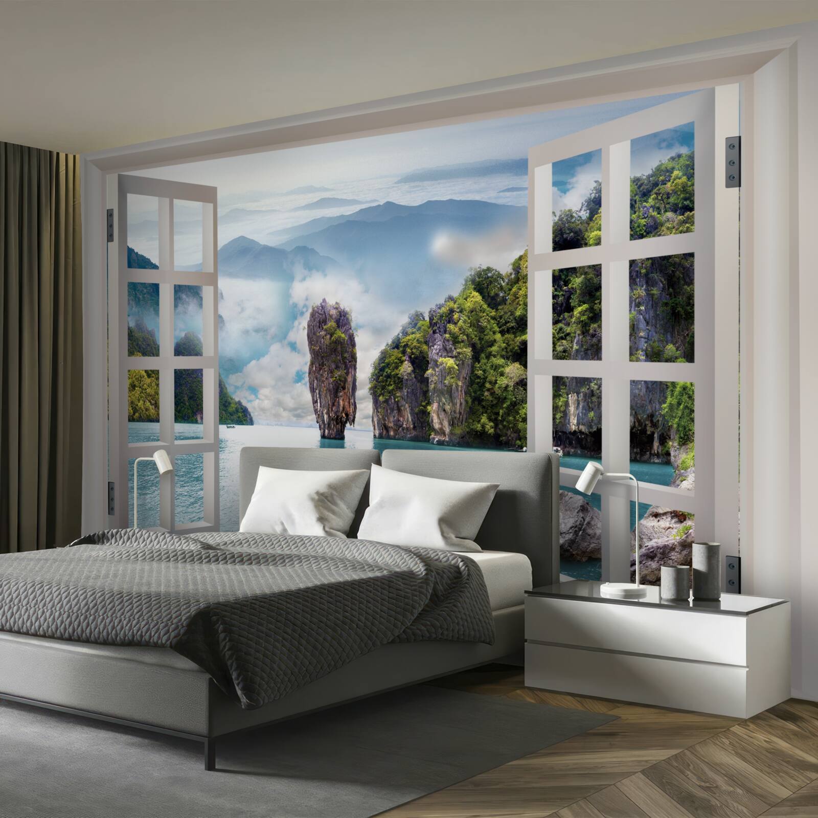 Fototapeten Fenster mit Blick auf die Landschaft von Felsen und ruhigen Meeresräumen