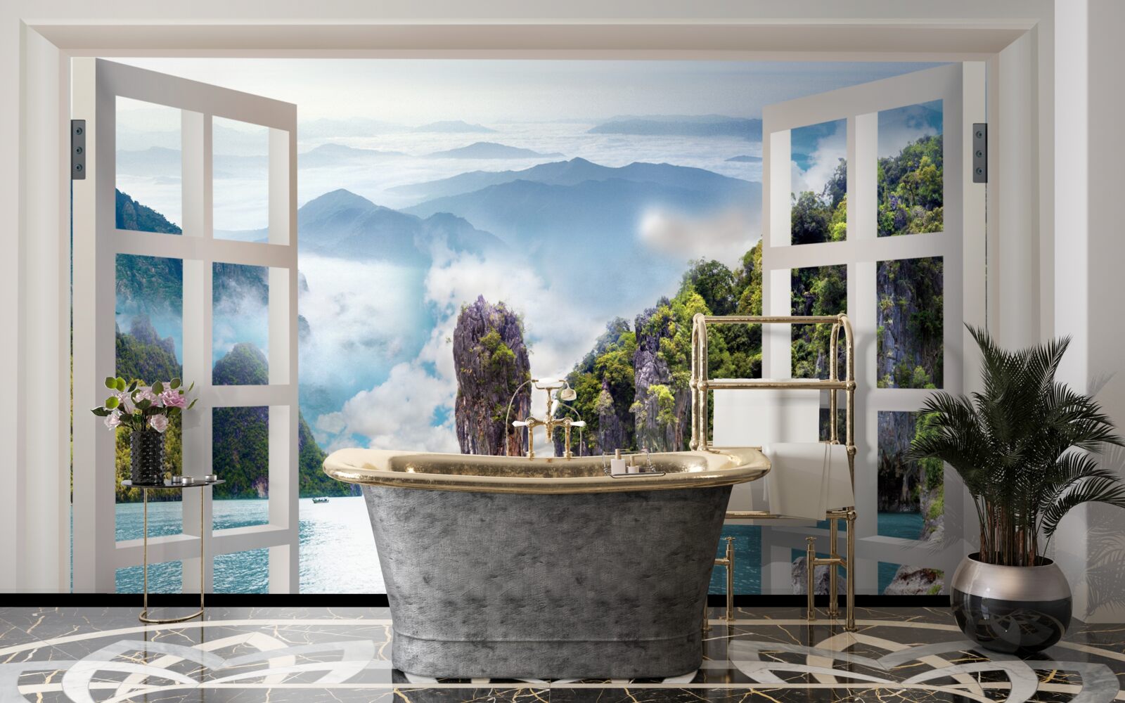 Fototapeten Fenster mit Blick auf die Landschaft von Felsen und ruhigen Meeresräumen