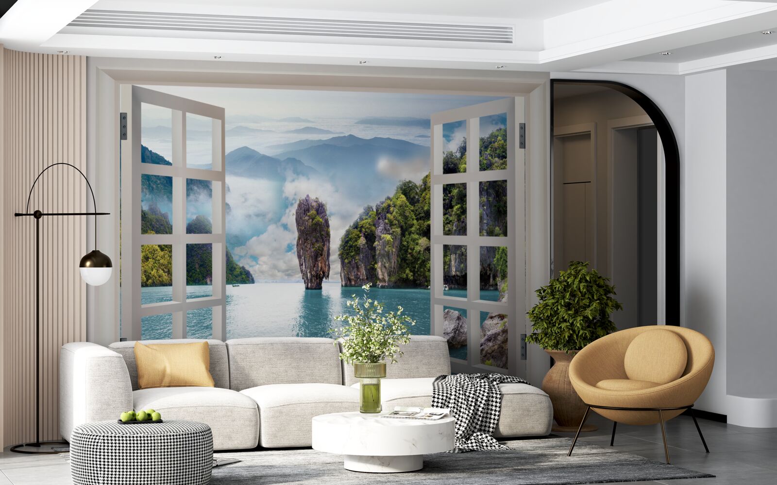 Fototapeten Fenster mit Blick auf die Landschaft von Felsen und ruhigen Meeresräumen