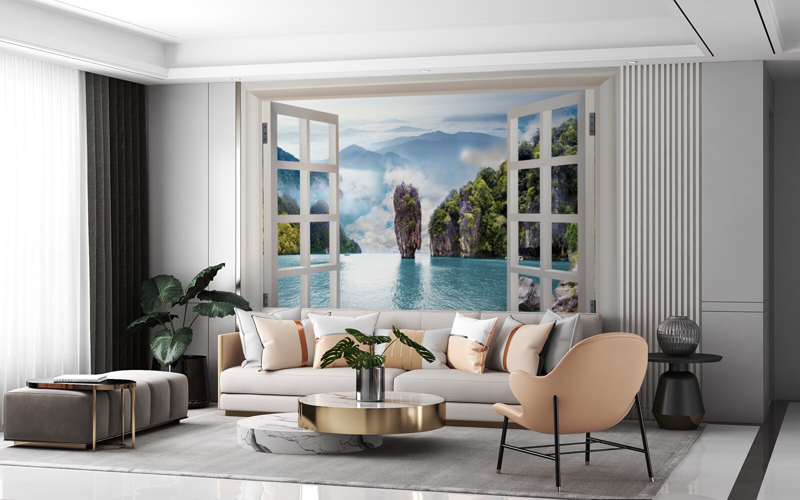 Fototapeten Fenster mit Blick auf die Landschaft von Felsen und ruhigen Meeresräumen