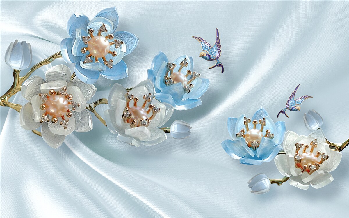 Fototapeten Magnolienzweig mit Perlen und Gold auf einem Seidenhintergrund dekoriert