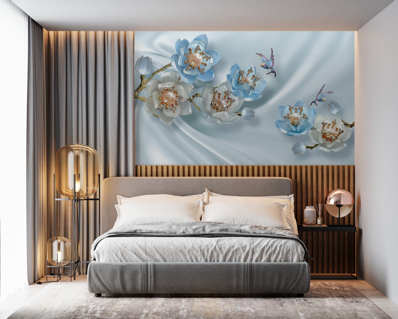 Fototapeten Magnolienzweig mit Perlen und Gold auf einem Seidenhintergrund dekoriert