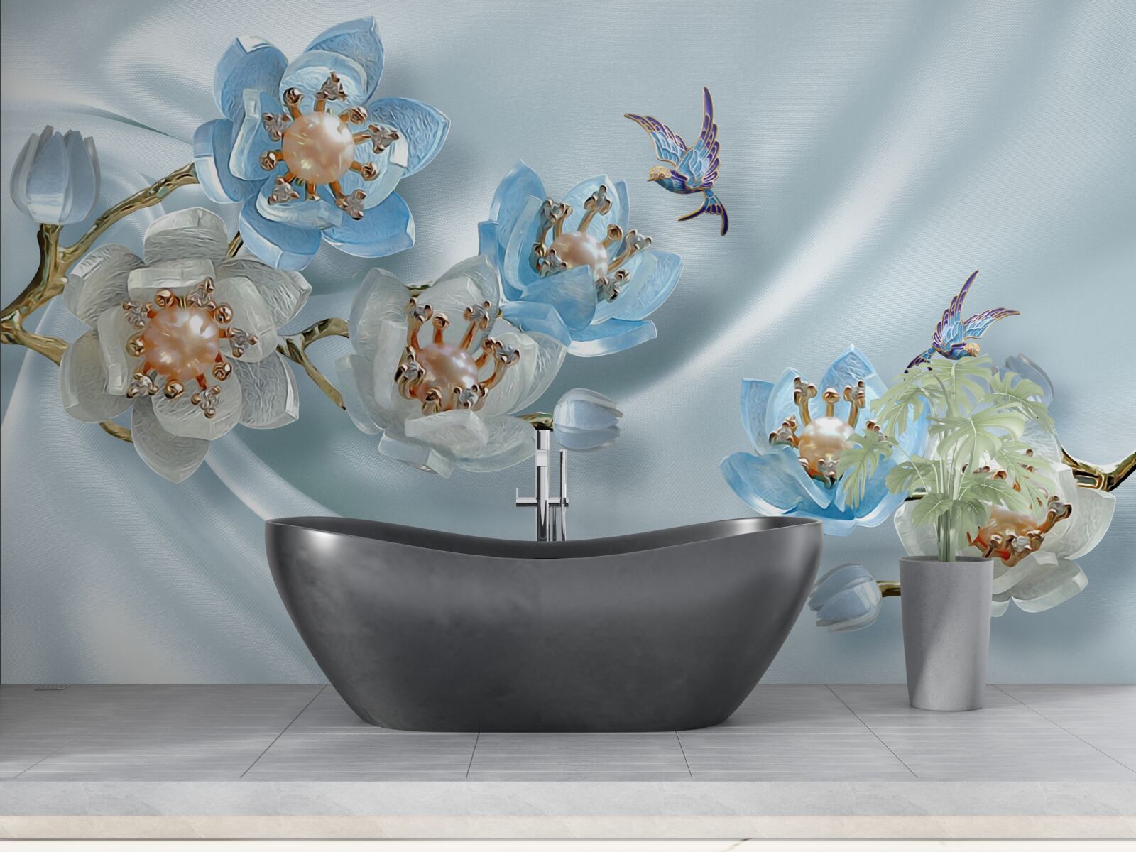 Fototapeten Magnolienzweig mit Perlen und Gold auf einem Seidenhintergrund dekoriert