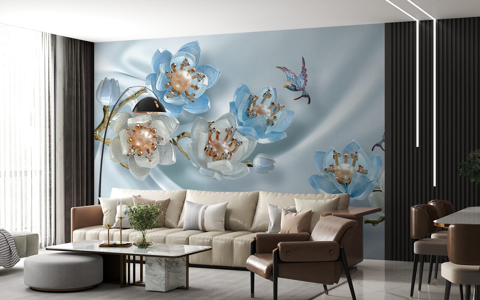 Fototapeten Magnolienzweig mit Perlen und Gold auf einem Seidenhintergrund dekoriert