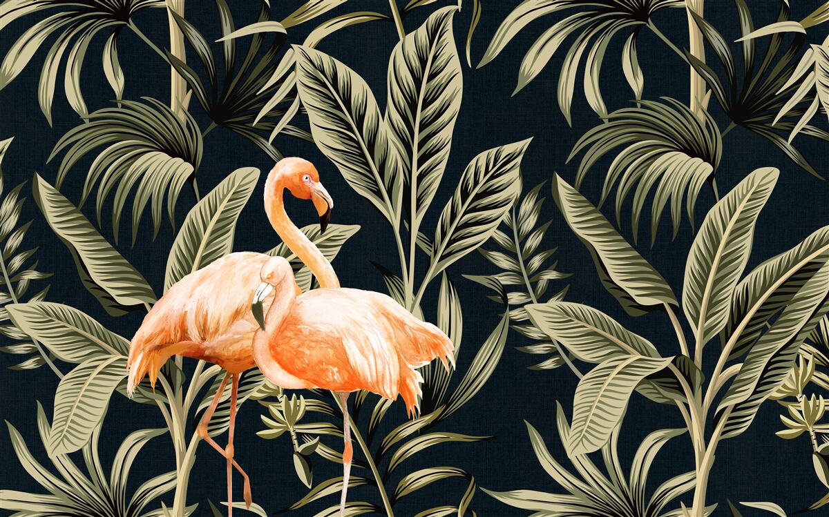 Fototapeten Rosa Flamingos wandern im Wald