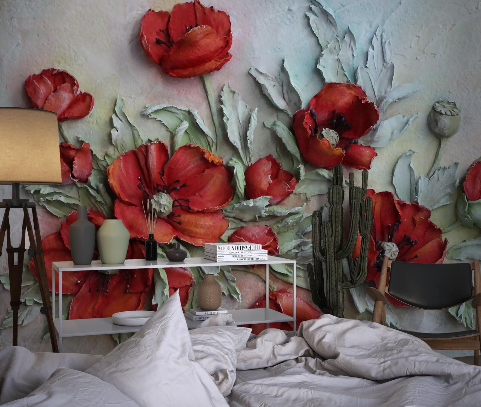 Fototapeten Leichte rote Mohnblumen mit einer strukturierten Struktur