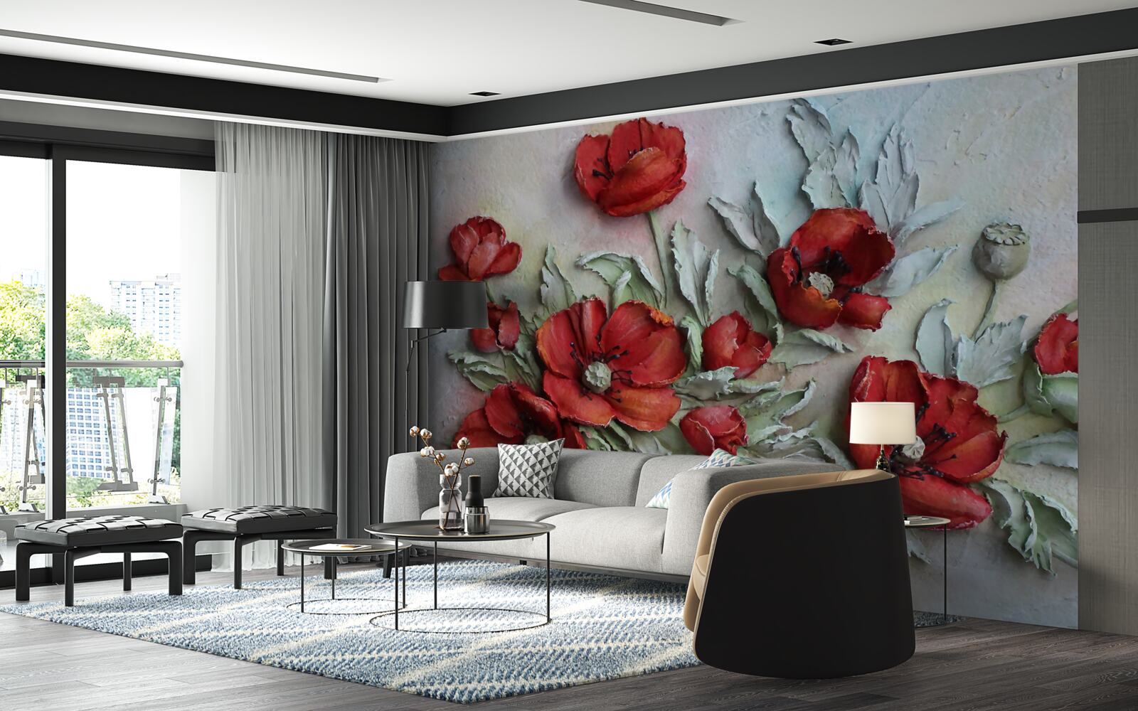 Fototapeten Leichte rote Mohnblumen mit einer strukturierten Struktur
