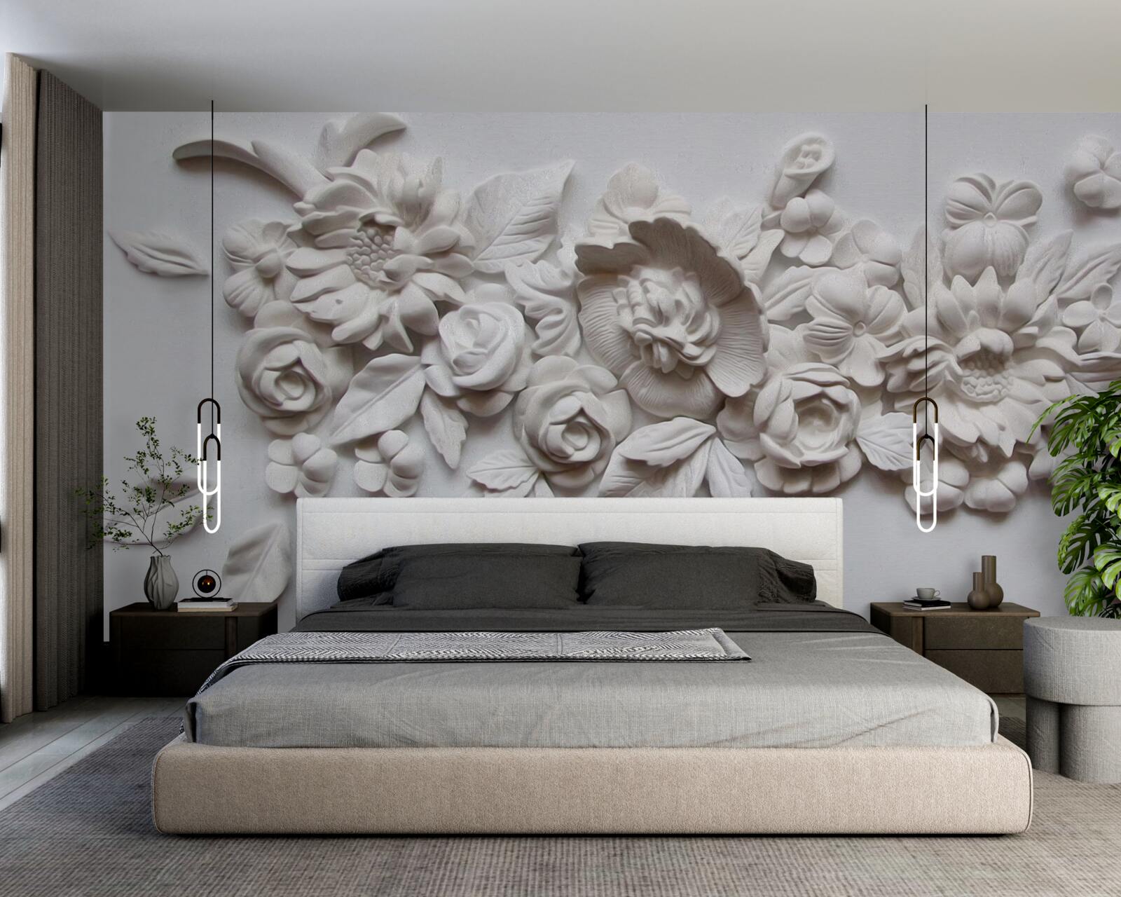 Fototapeten Ein Bas -Relief mit weißen Blumen