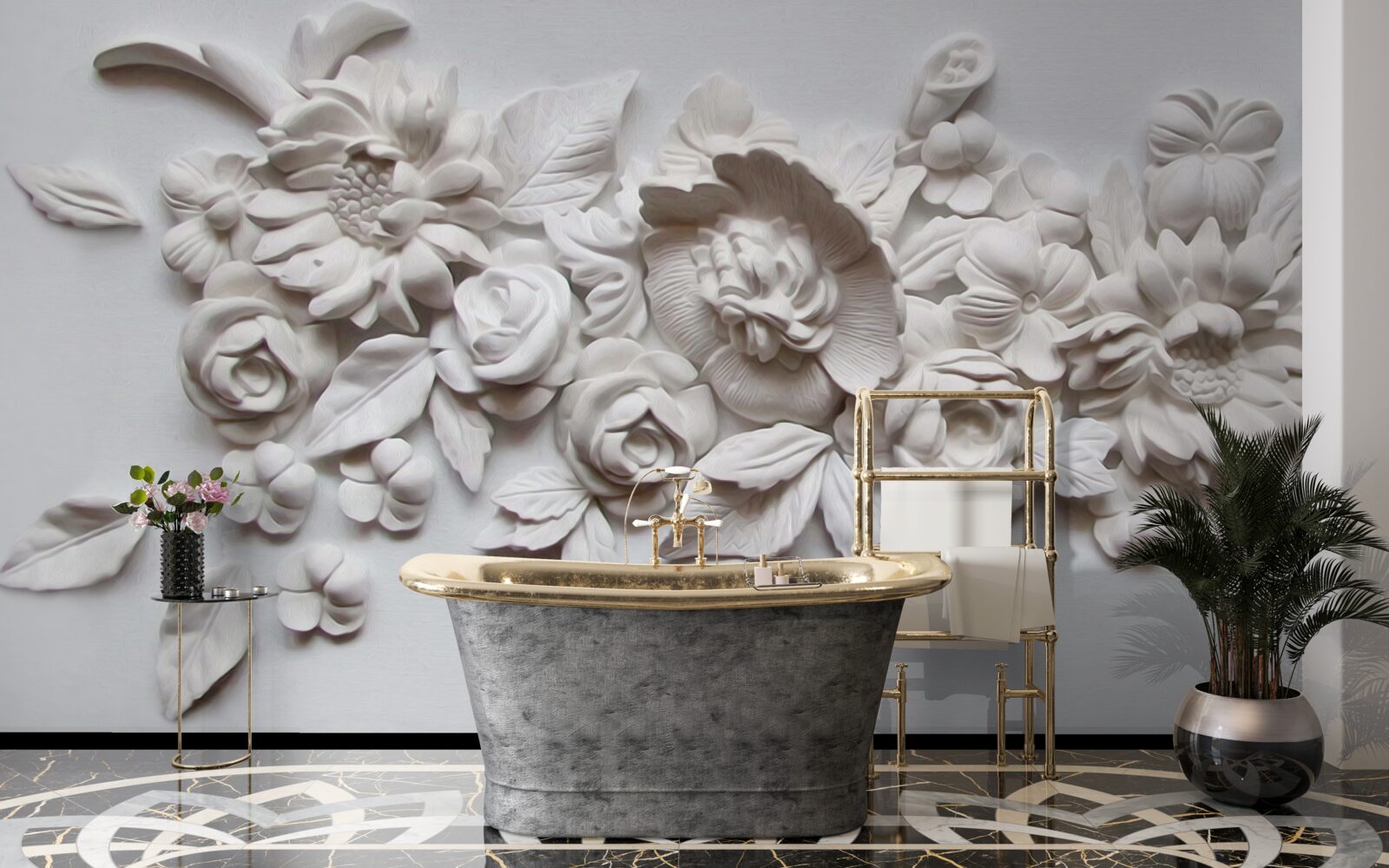 Fototapeten Ein Bas -Relief mit weißen Blumen