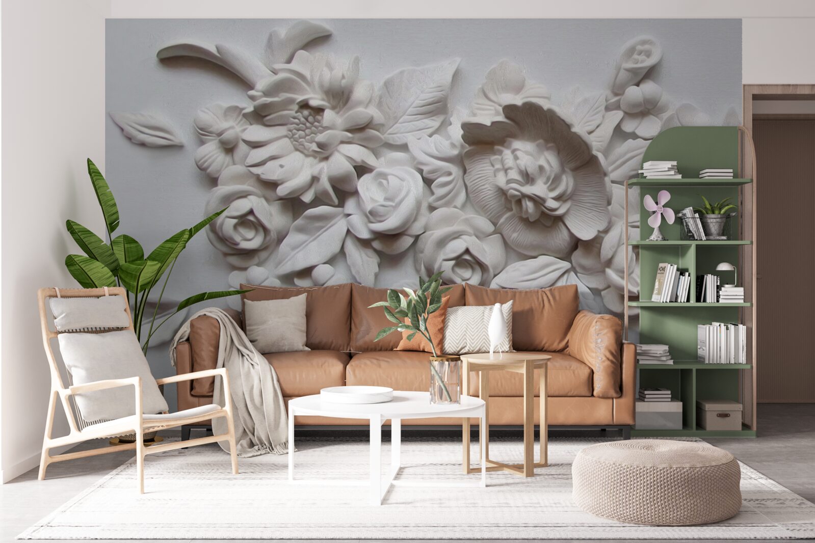 Fototapeten Ein Bas -Relief mit weißen Blumen