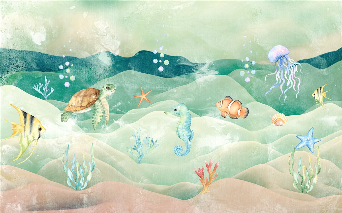 Fototapeten Viel Meeresleben und verschiedene Fische
